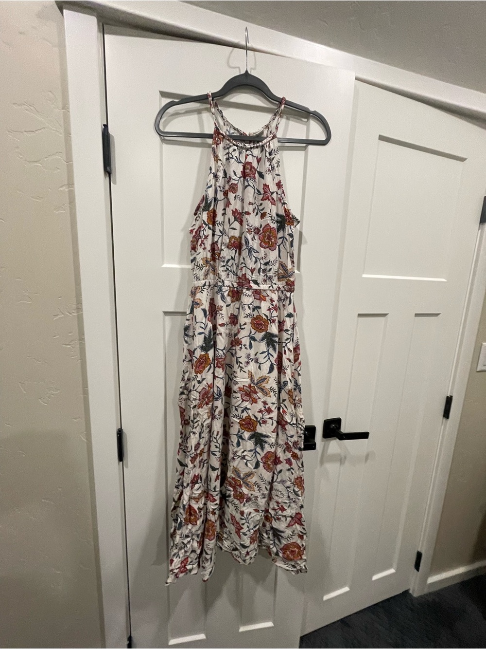 Old Navy Ivory Maxi Dress with Red and Green Floral Print